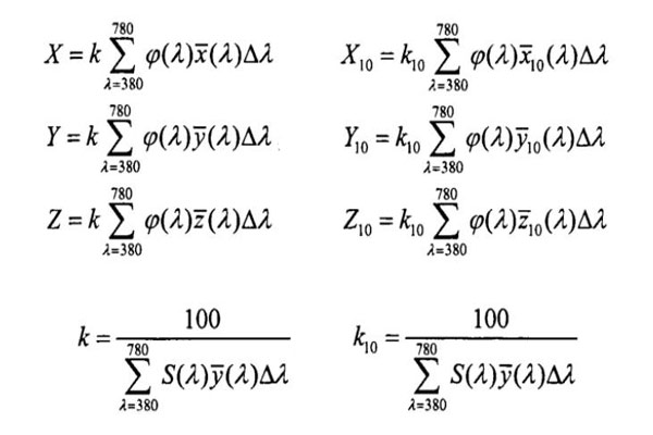 颜色三刺激值计算式和调整系数k值积分式